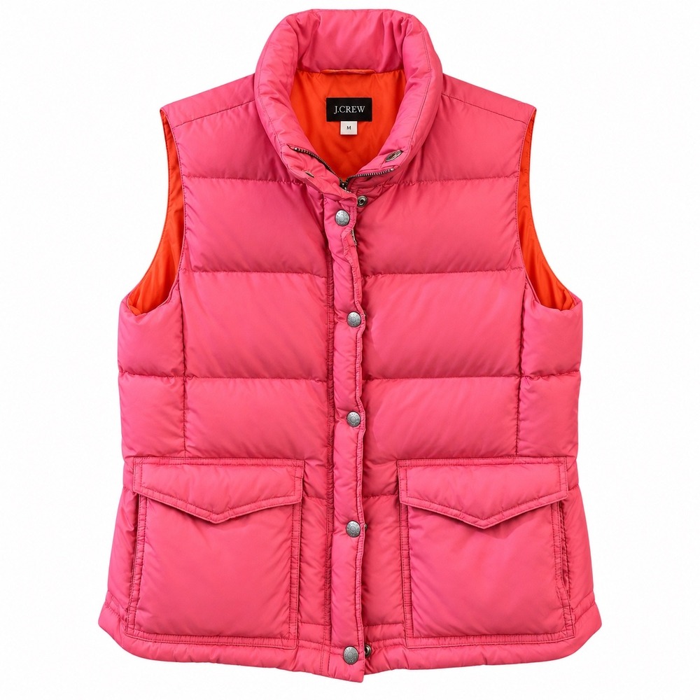 J.Crew Down Puffer Vest Women's M Pink Orange Colorblock Snap Front